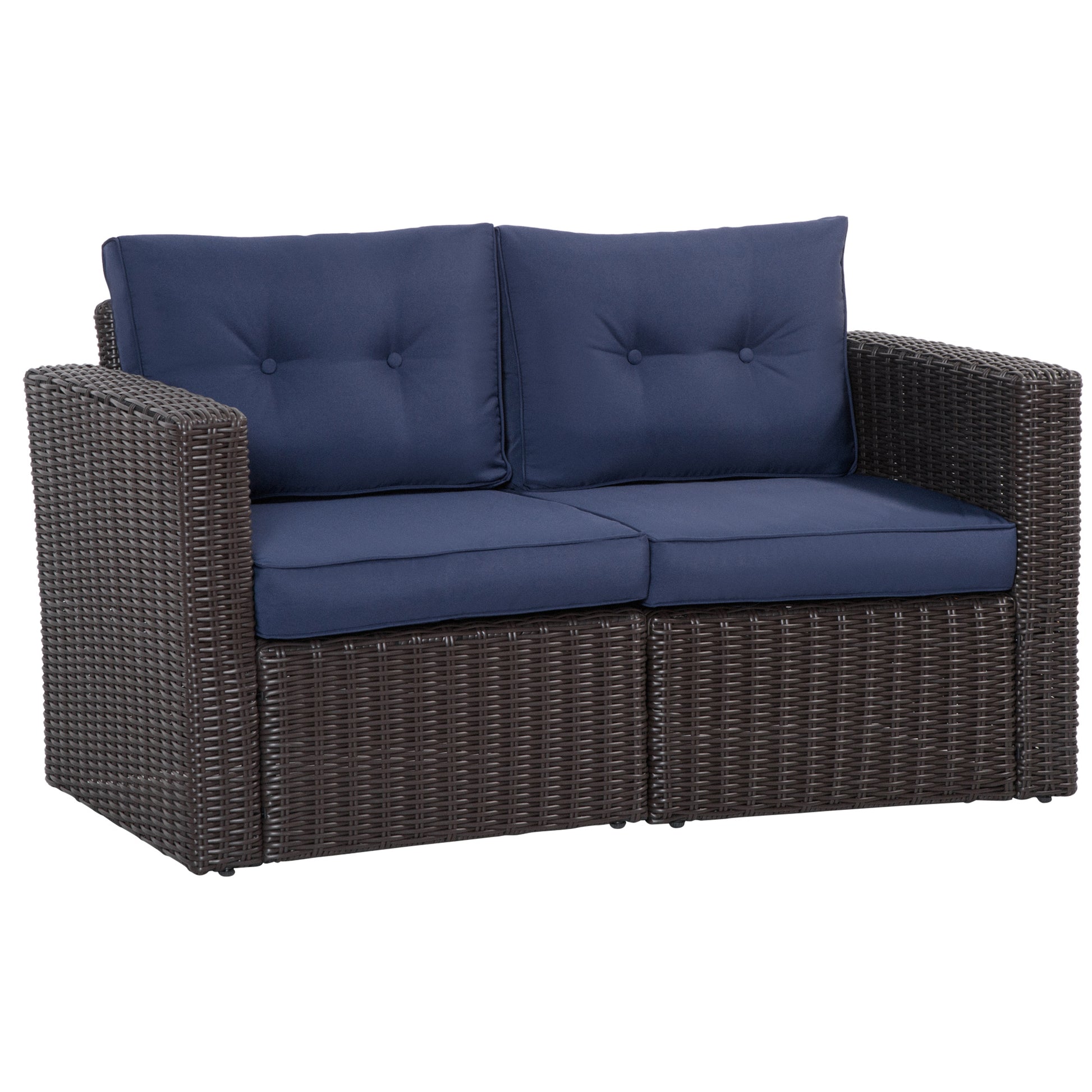 Dark brown wicker loveseat with tufted navy blue cushions and arms