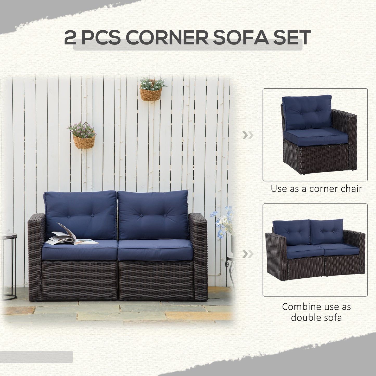 Dark brown wicker corner sofa set with deep navy blue cushions ideal for outdoor seating