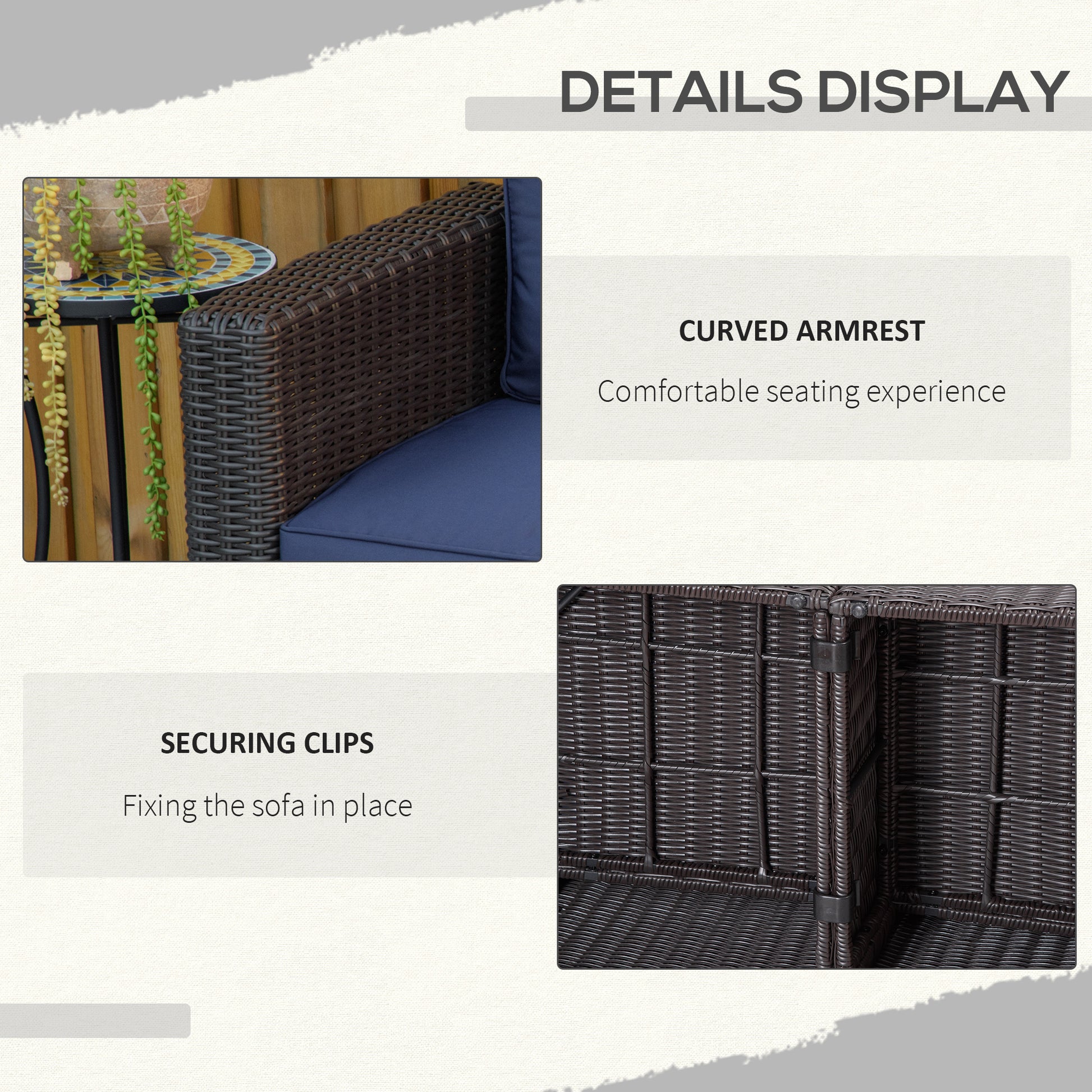 Dark brown wicker outdoor sofa armrest with navy blue cushion featuring curved design