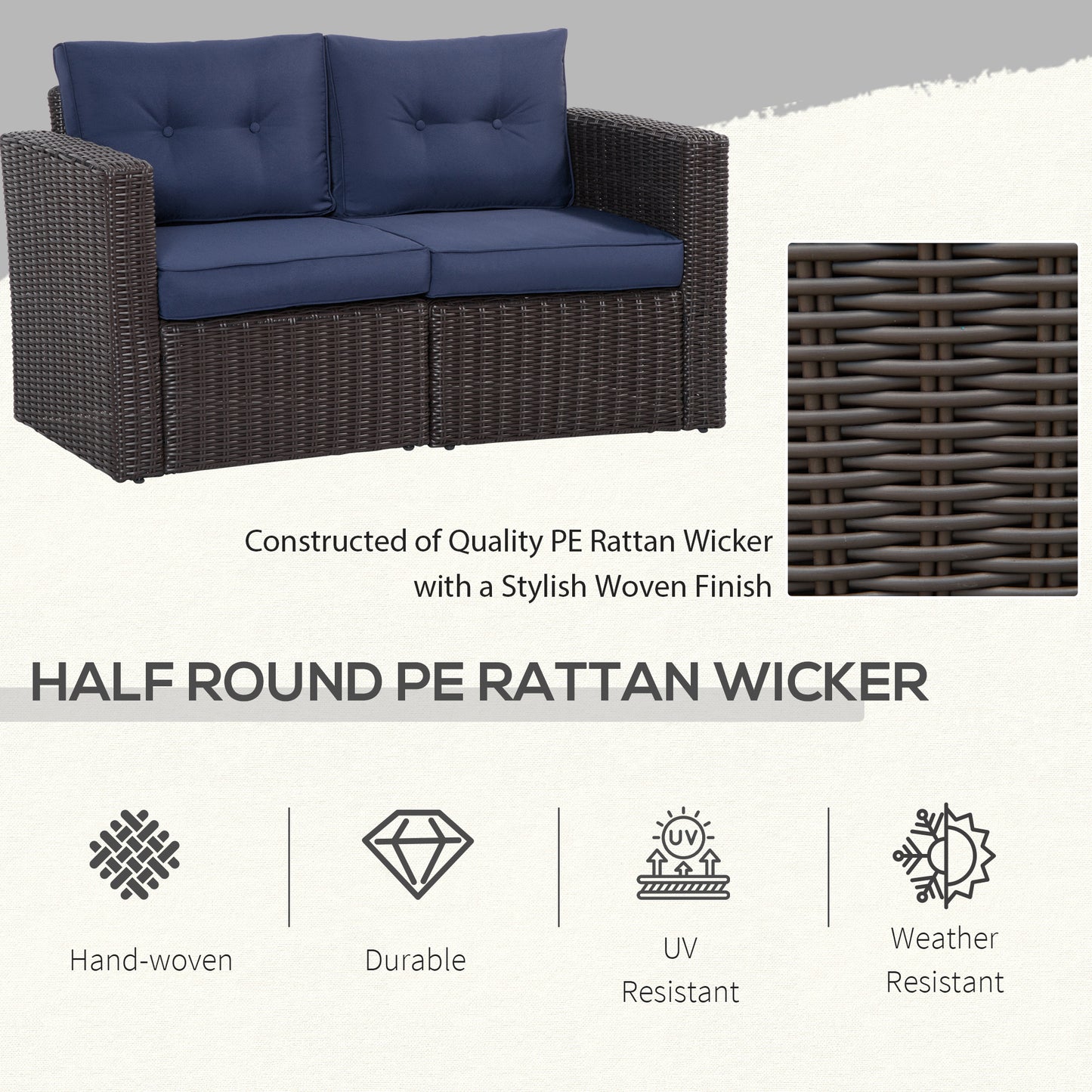 Dark brown halfround PE rattan wicker loveseat with deep navy blue cushions