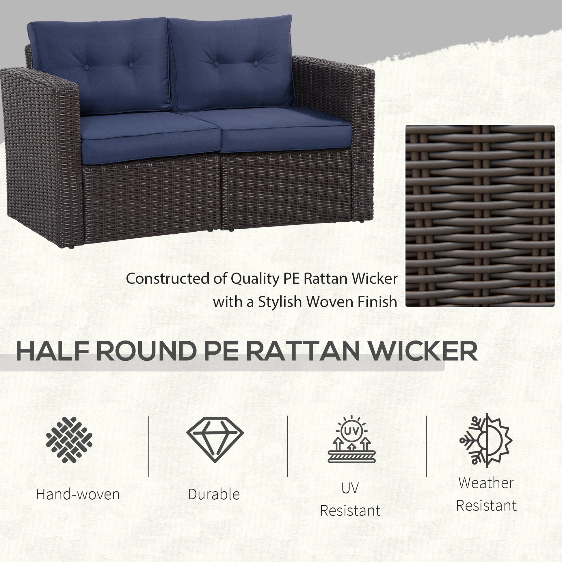 Dark brown halfround PE rattan wicker loveseat with deep navy blue cushions