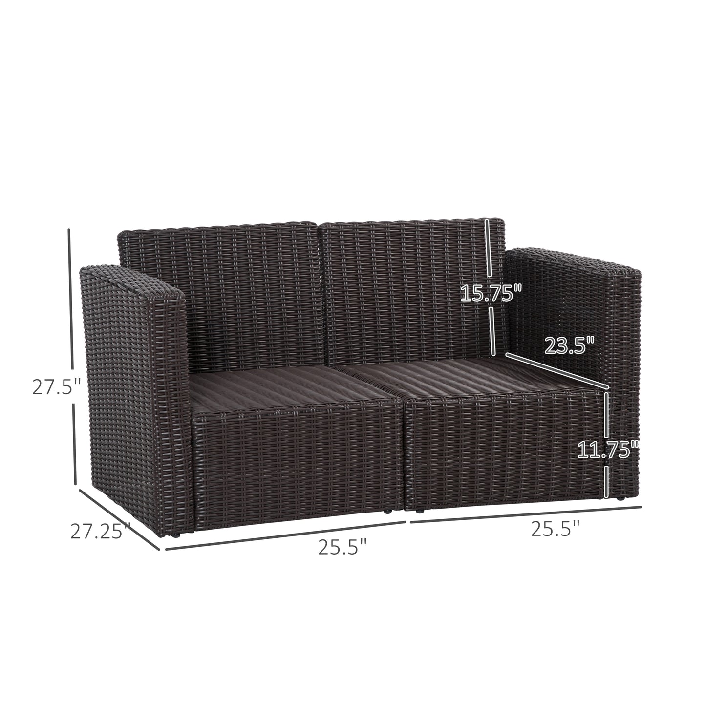 Dark brown wicker loveseat with outdoor furniture dimensions