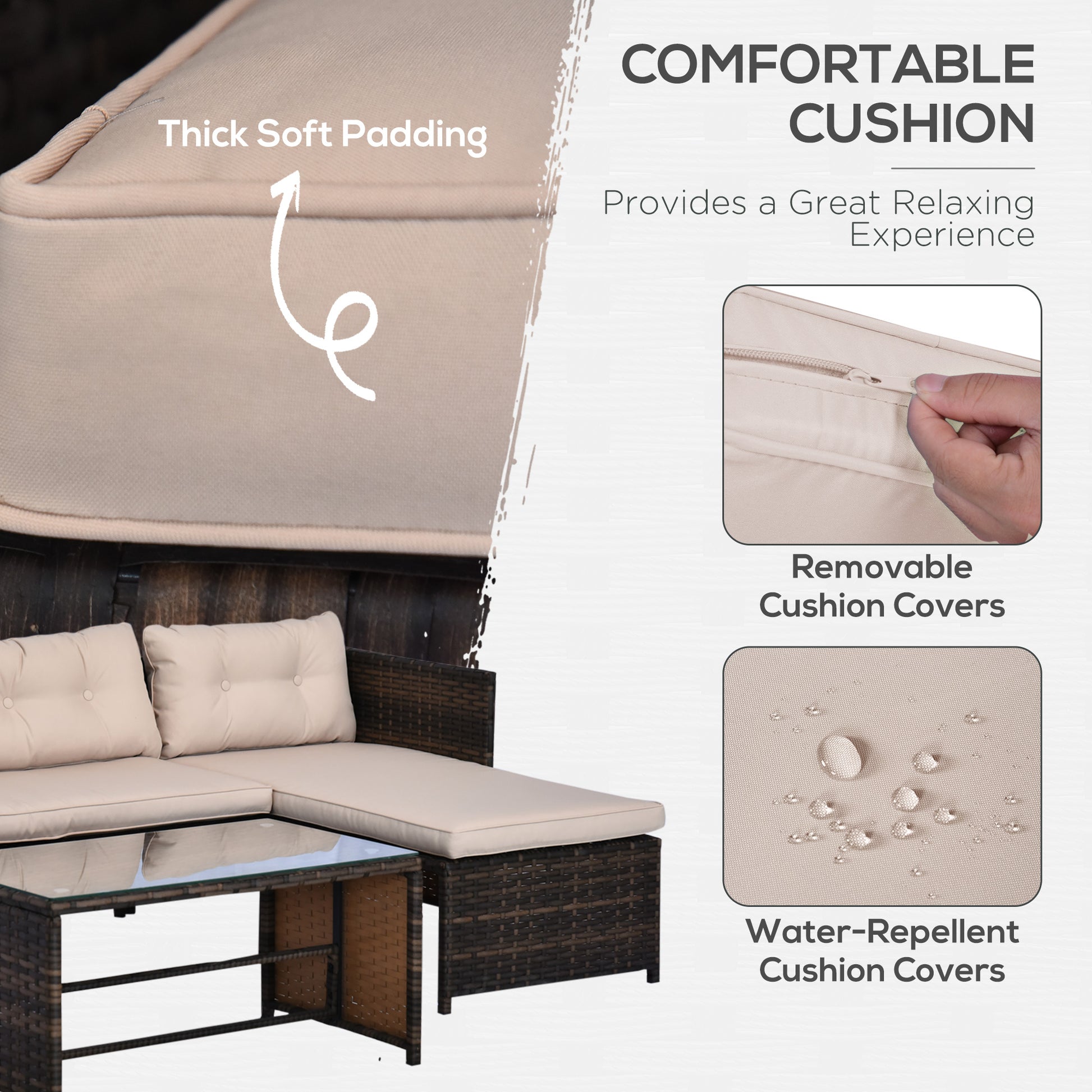 Closeup of thick soft beige cushion padding on outdoor furniture
