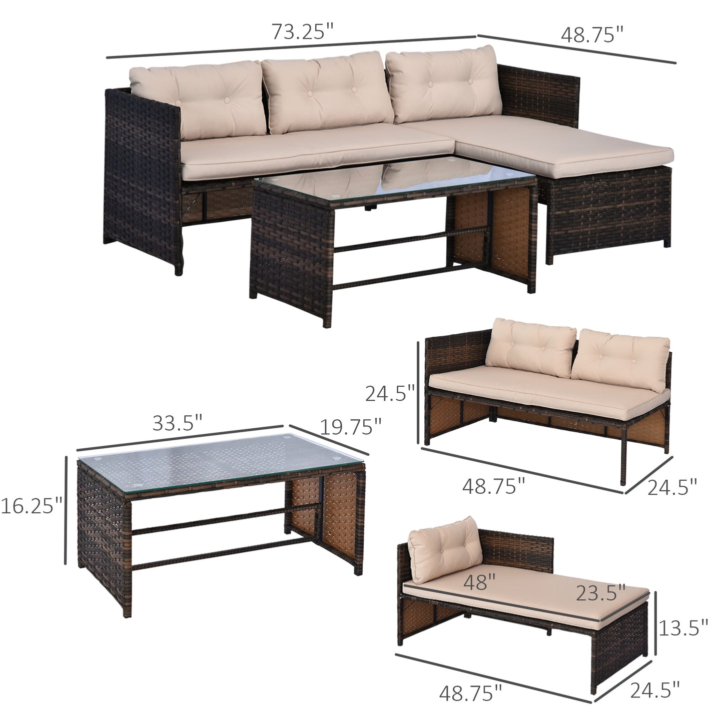 Brown wicker sectional patio furniture with cream cushions and glass top coffee table