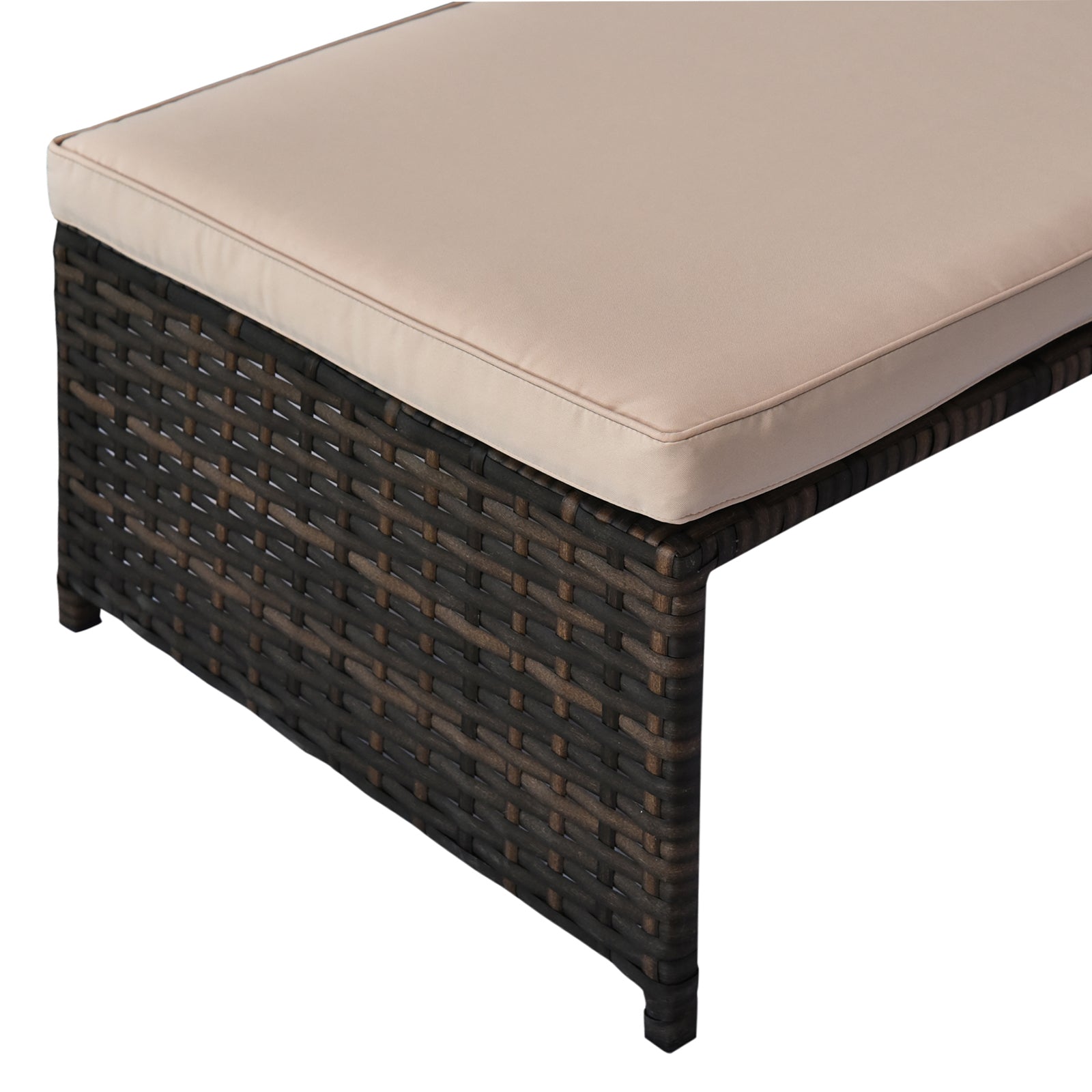 Close up of outdoor wicker bench with beige cushion dark brown weave
