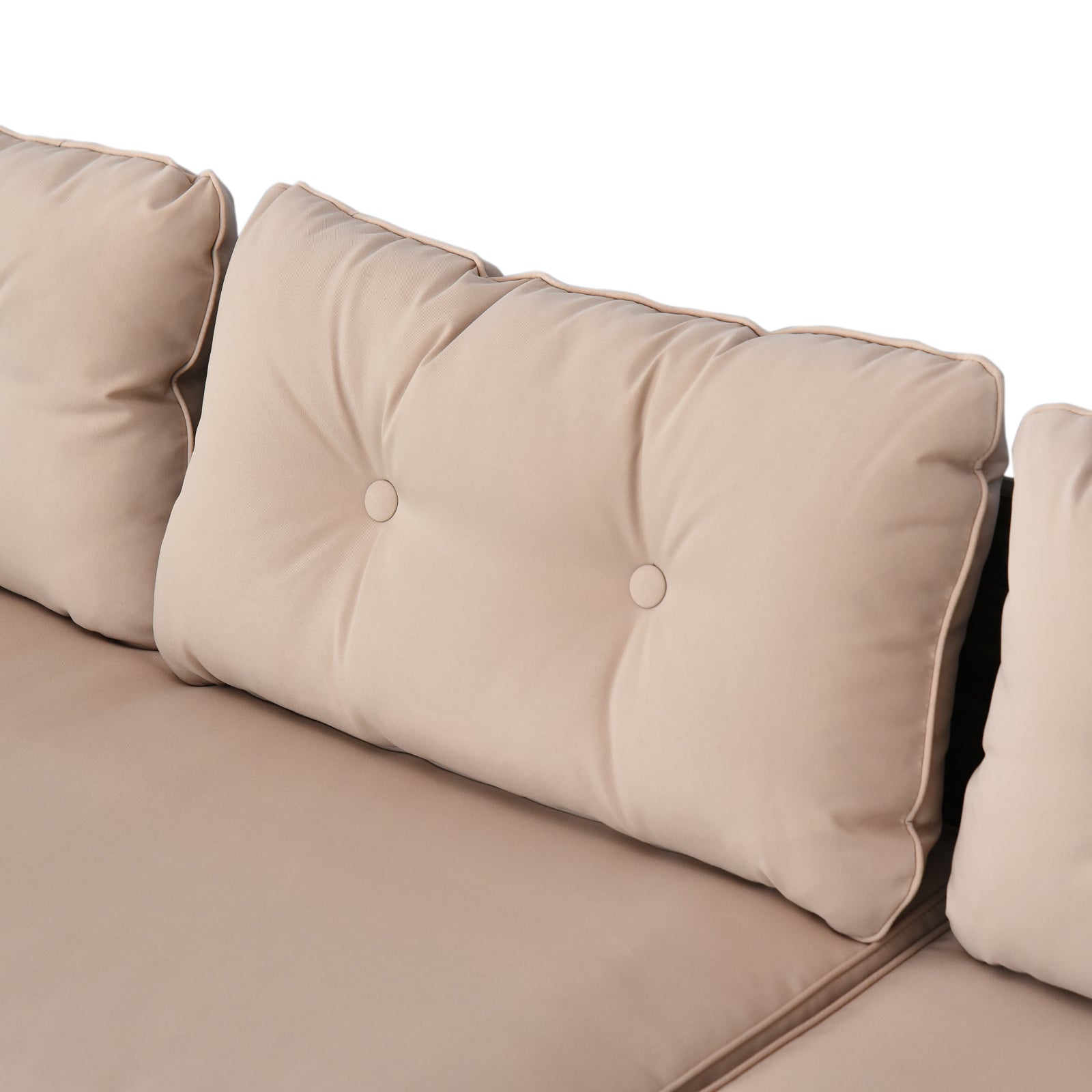 Tufted beige outdoor sofa cushion with piping detail for comfortable patio seating