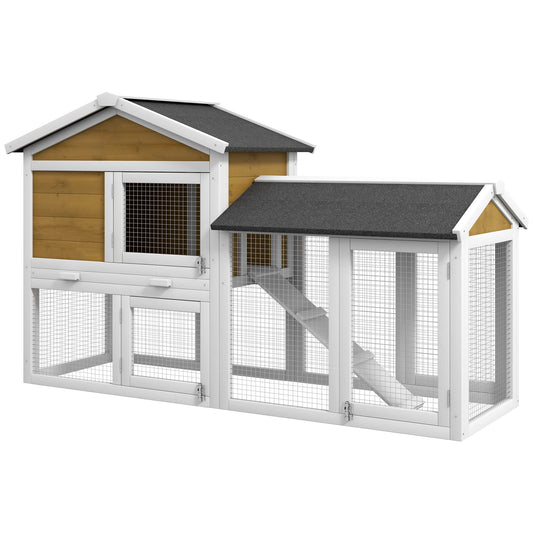 Wooden rabbit hutch with two levels a ramp and wire mesh enclosures for small pets