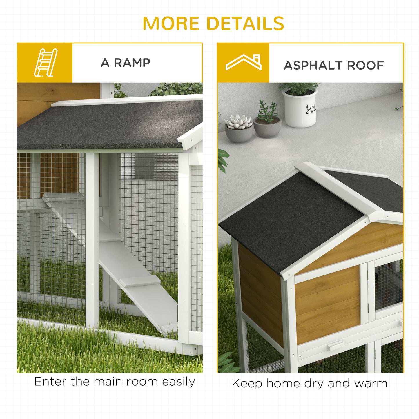 Wooden chicken coop with a white ramp for easy access for poultry