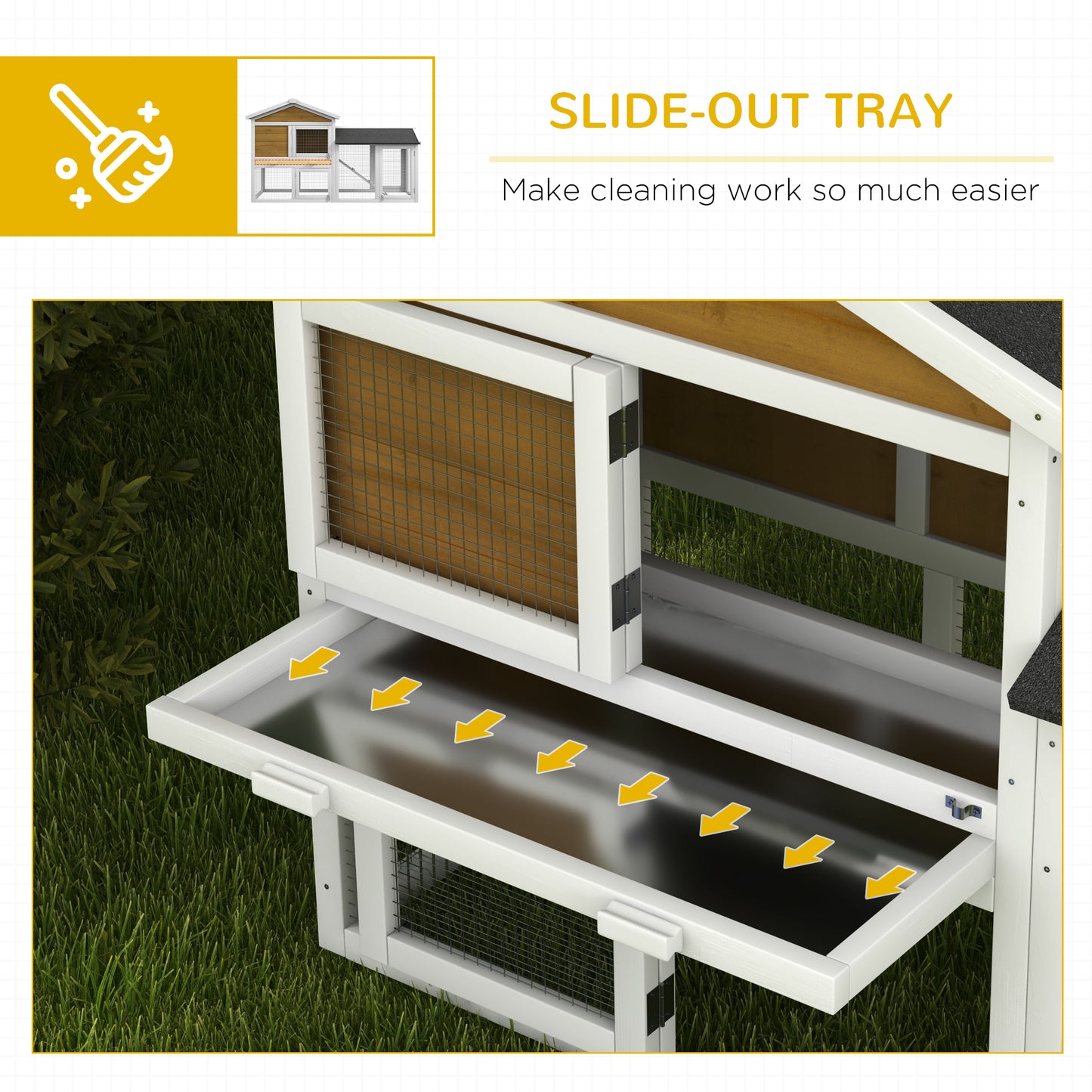 White outdoor rabbit hutch with a slideout tray for easy cleaning
