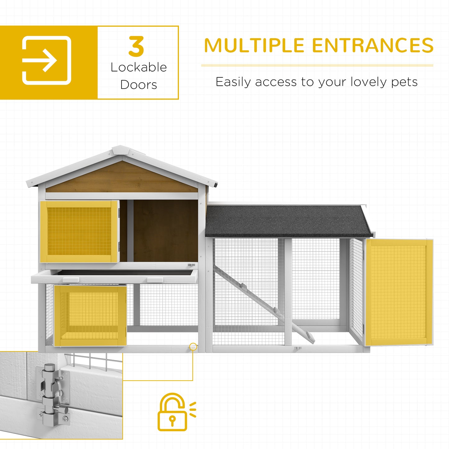 White wooden outdoor rabbit hutch with three yellow mesh doors and multiple entrances for pets