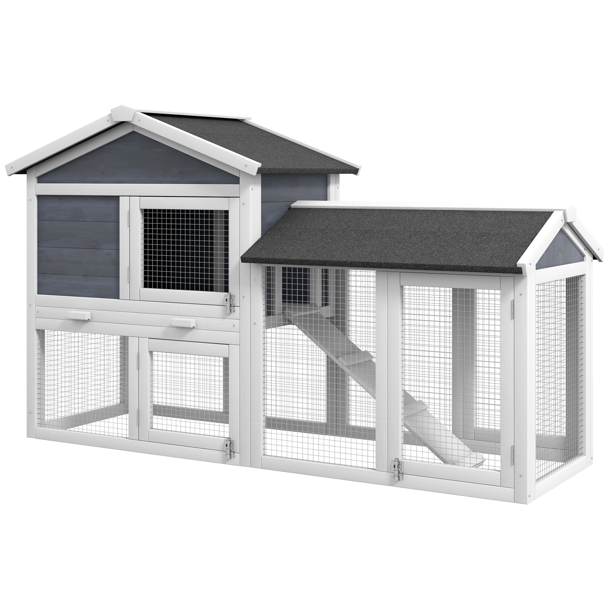 Twostory gray and white wooden pet hutch with enclosed nesting box and large wire run