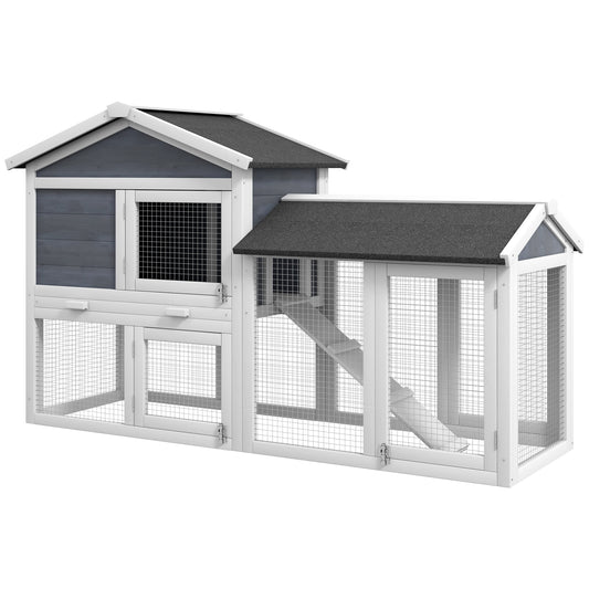 Twostory gray and white wooden pet hutch with enclosed nesting box and large wire run