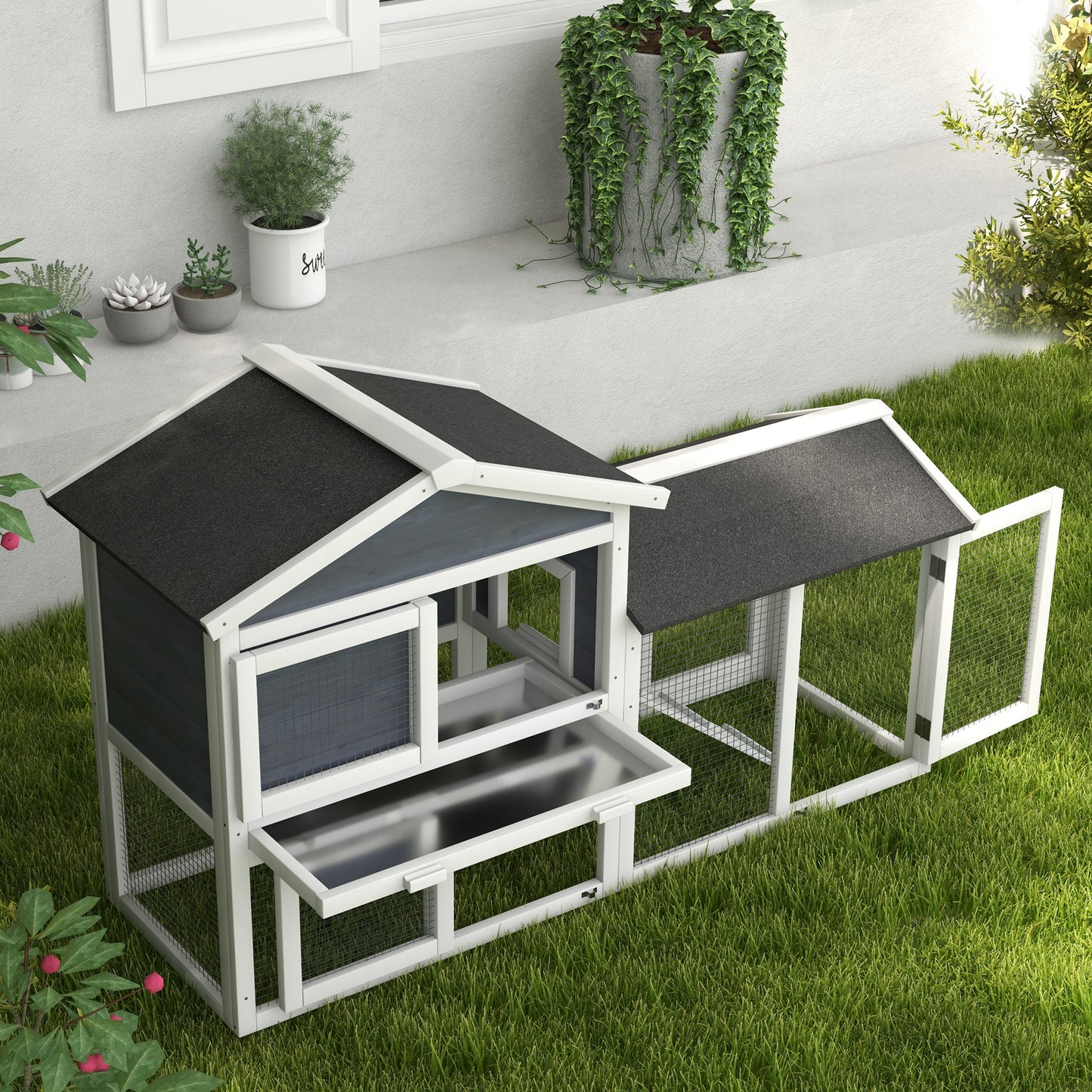 Spacious twostory wooden chicken coop with multiple nesting boxes and run