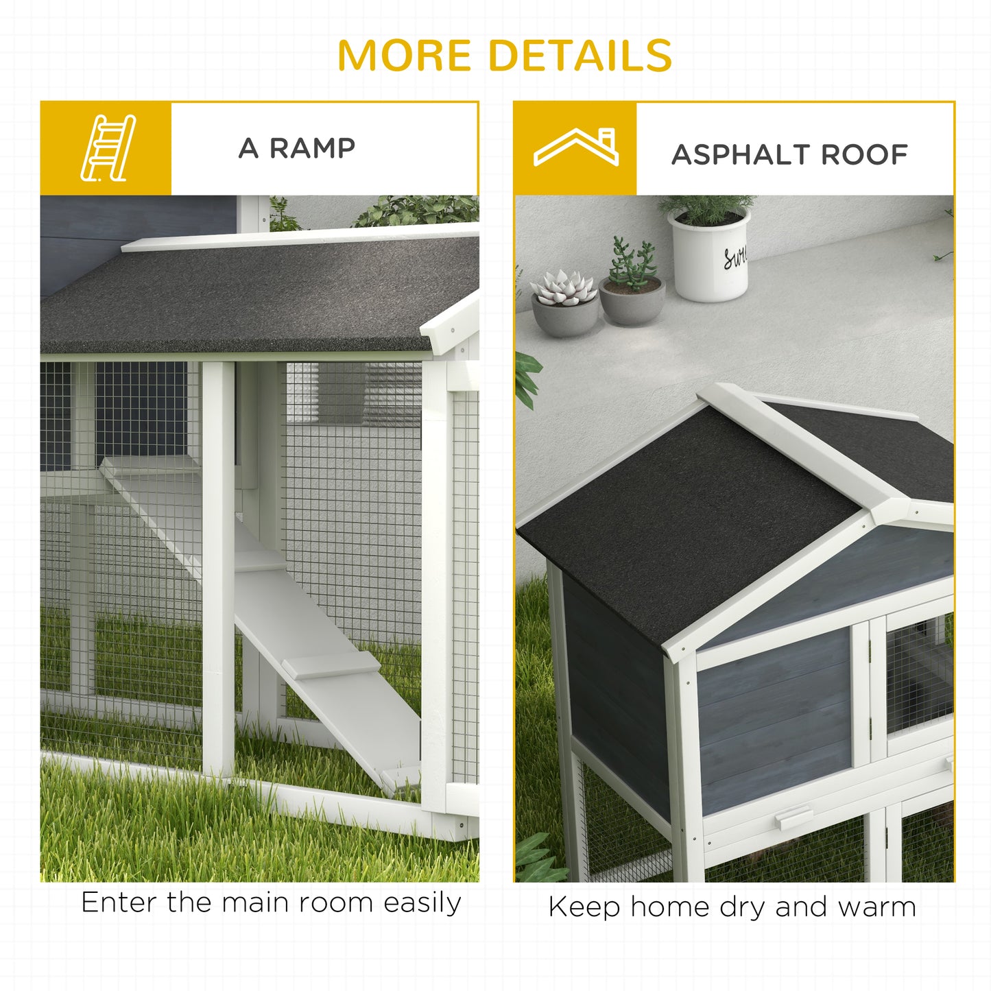 White wooden ramp leads into an outdoor chicken coop providing easy access for poultry