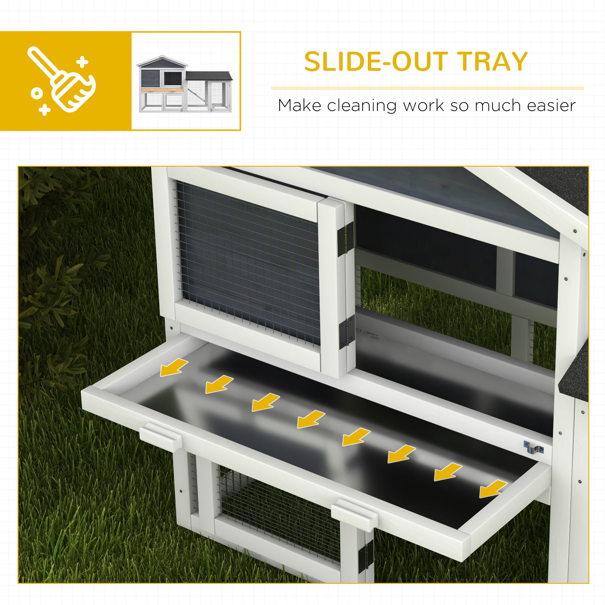 White wooden pet hutch with a removable slideout tray for easy cleaning