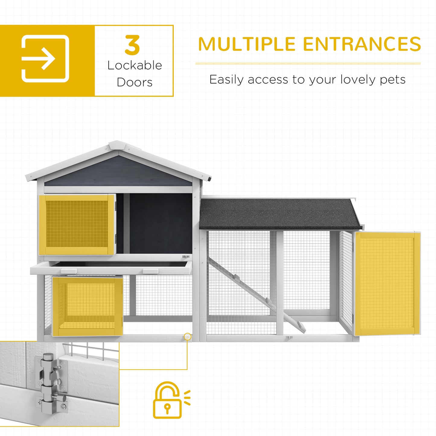 White wooden twotier pet hutch with three yellow lockable doors and wire mesh panels