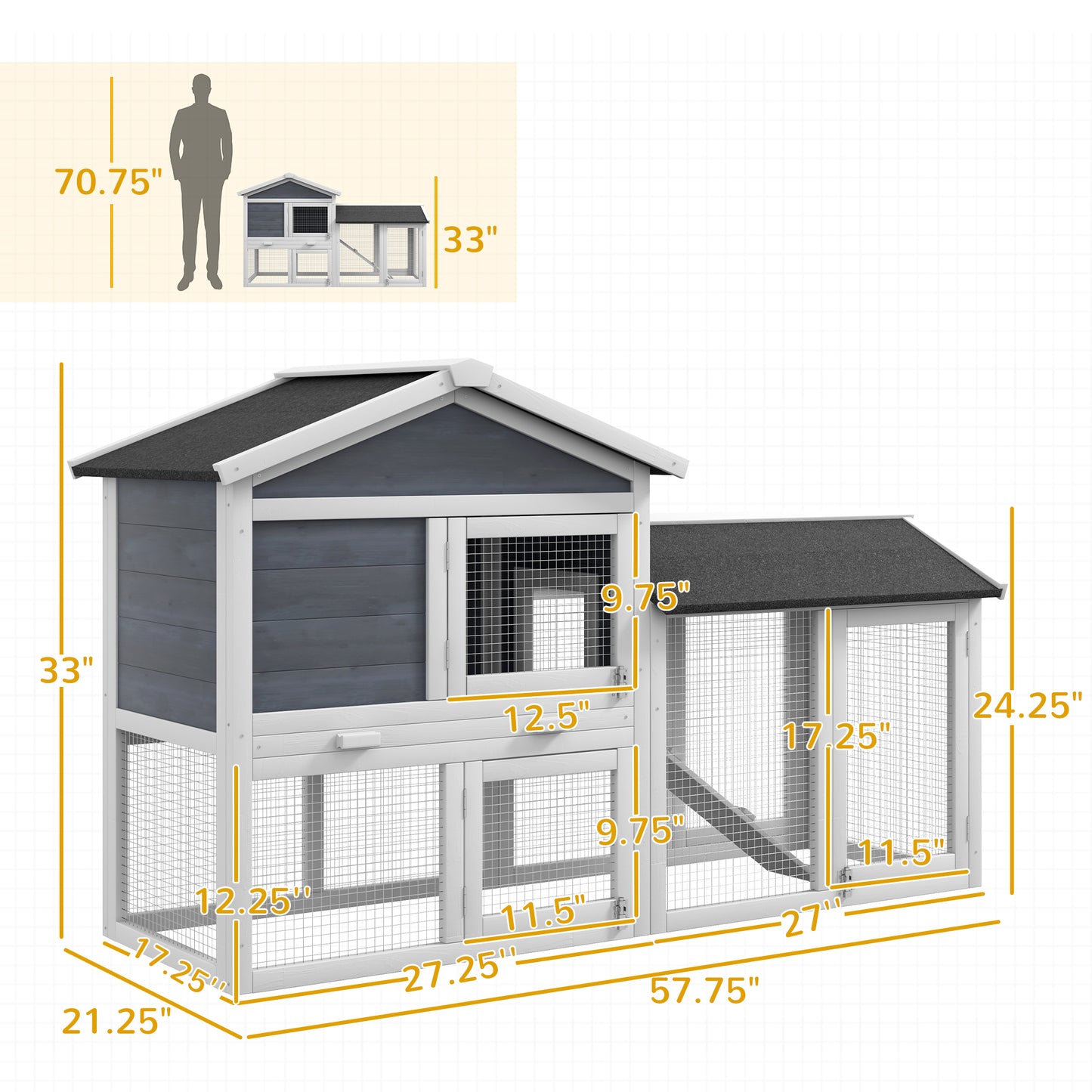 Twotier dark gray and white wooden rabbit hutch with ramp and multiple access doors for small pets
