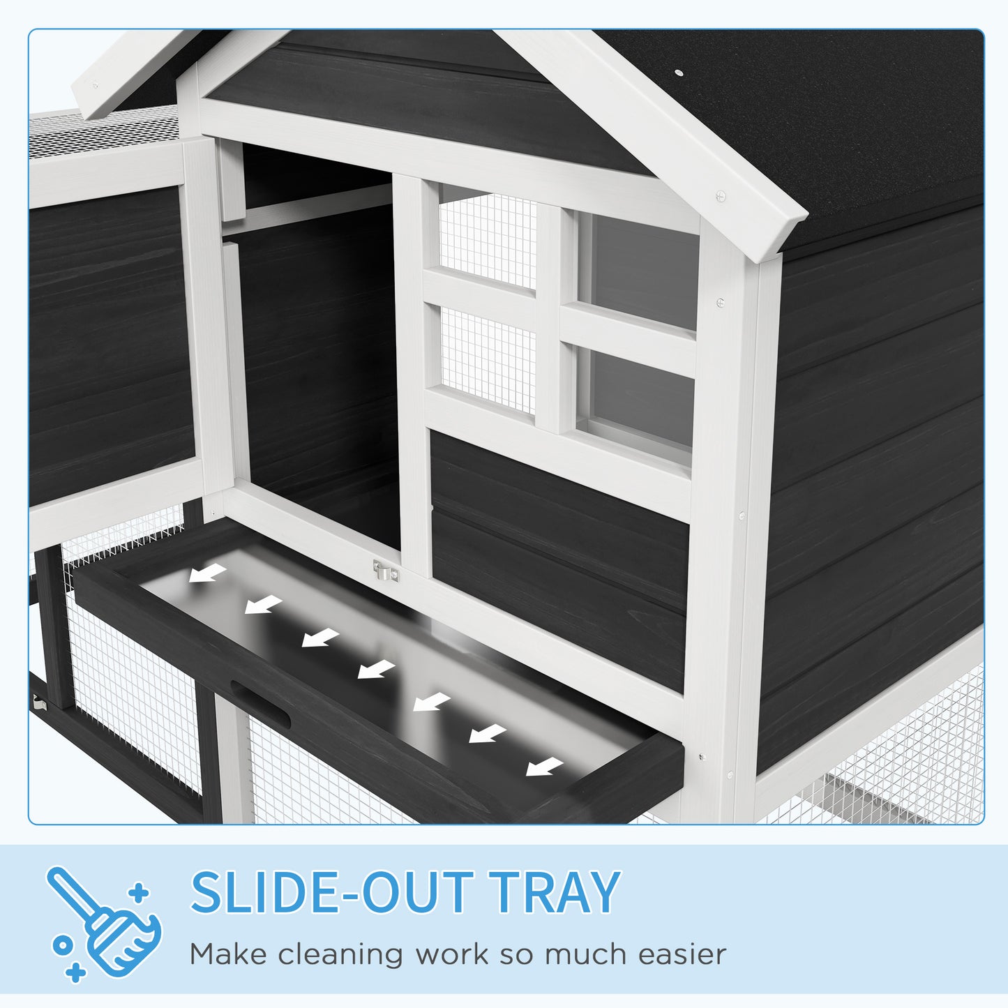 Black and white wooden chicken coop with a slideout tray for easy cleaning