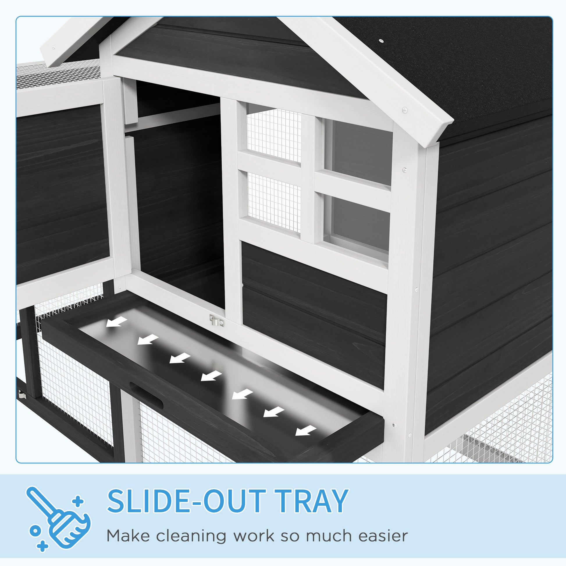 Black and white wooden chicken coop with a slideout tray for easy cleaning