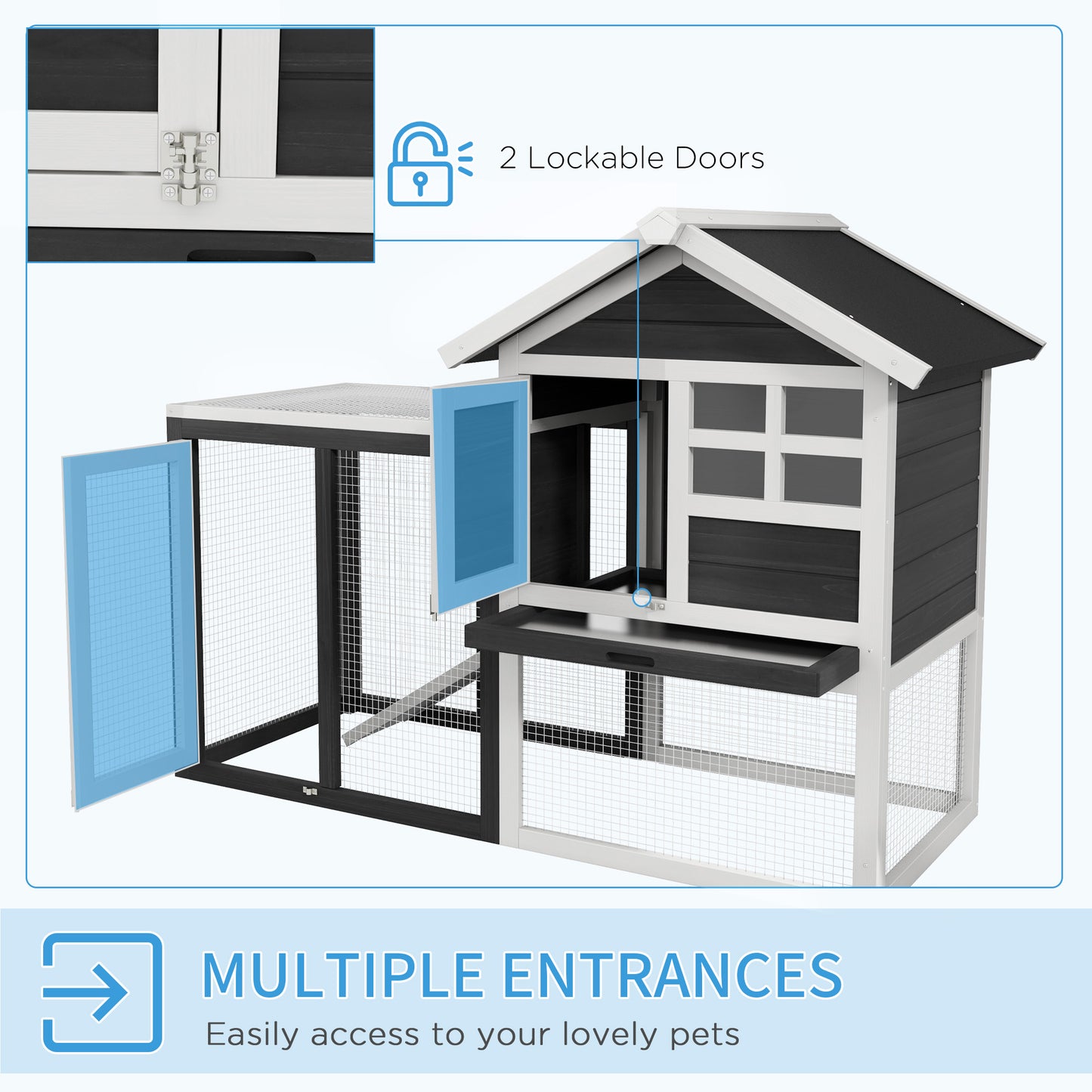 Black and white wooden chicken coop with two lockable doors and multiple entrances