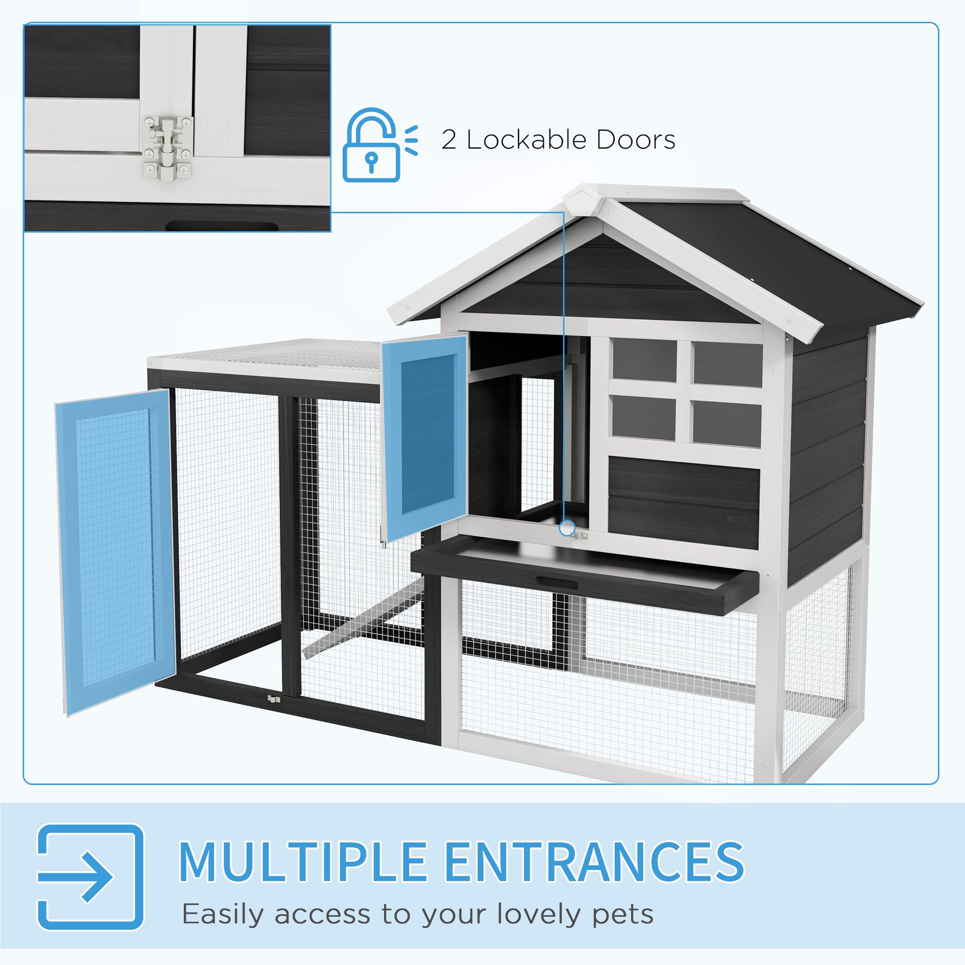 Black and white wooden chicken coop with two lockable doors and multiple entrances
