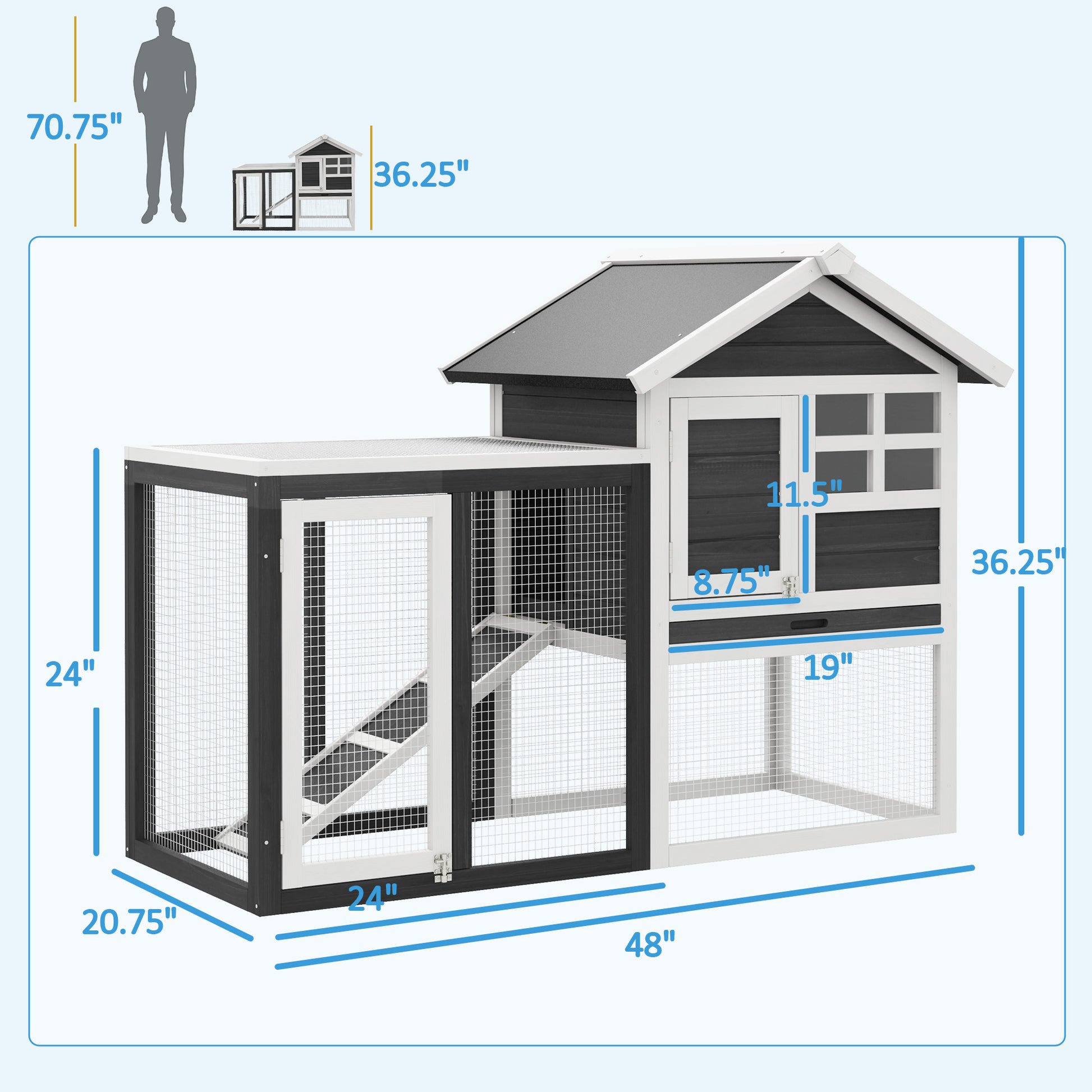 Twostory wooden chicken coop with wire mesh enclosure ideal for backyard pets