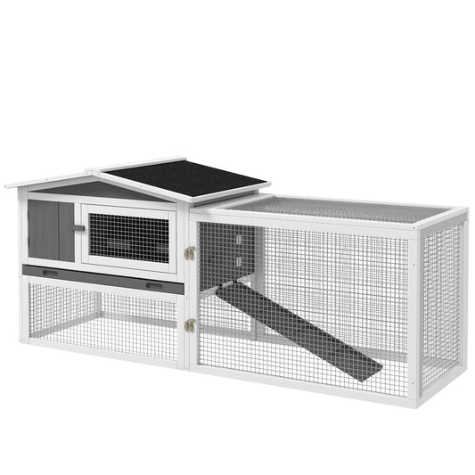 White wooden rabbit hutch with mesh enclosure and ramp ideal for outdoor pets