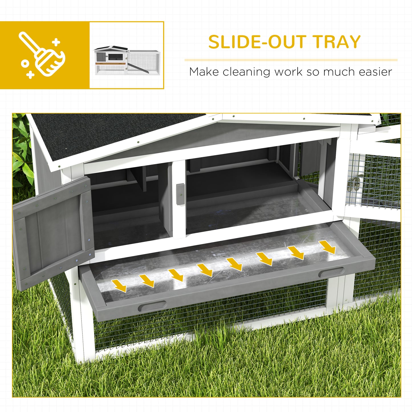White and gray wooden chicken coop with easyaccess slideout tray