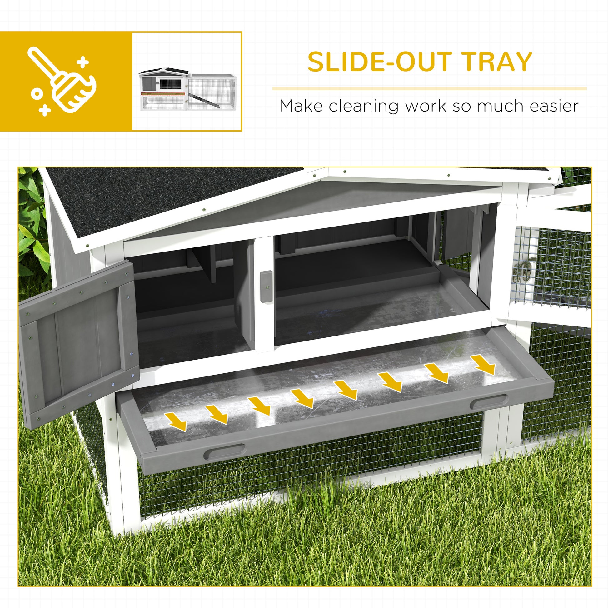White and gray wooden chicken coop with easyaccess slideout tray
