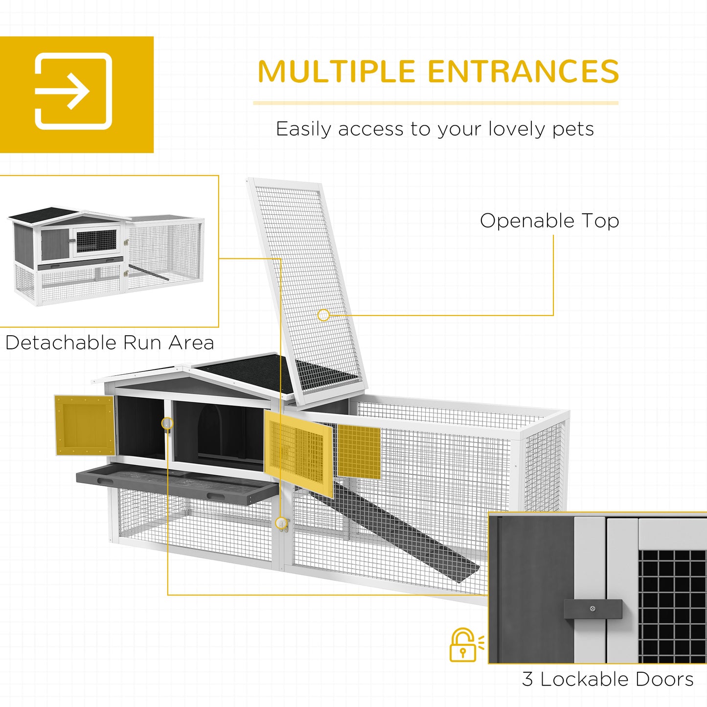 White and grey wooden pet hutch with openable top and multiple entrances