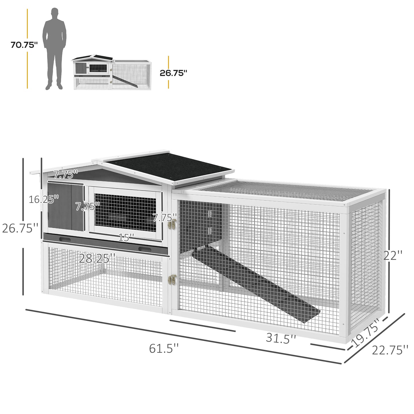 Large twotier white rabbit hutch with sloped roof and wire mesh enclosure