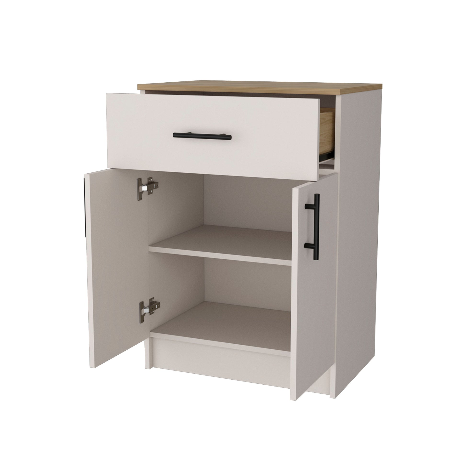 White bedside cabinet with two shelves and a single drawer featuring a light wood top and black handles