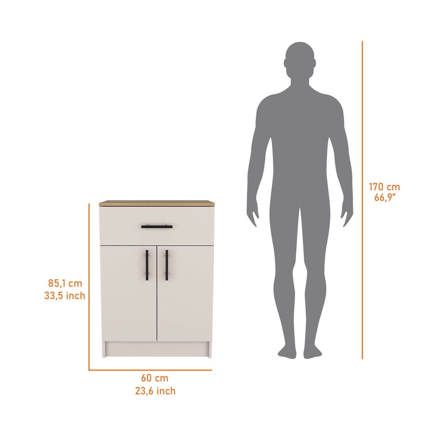 Beige cabinet with two doors and one drawer with black handles natural wood top