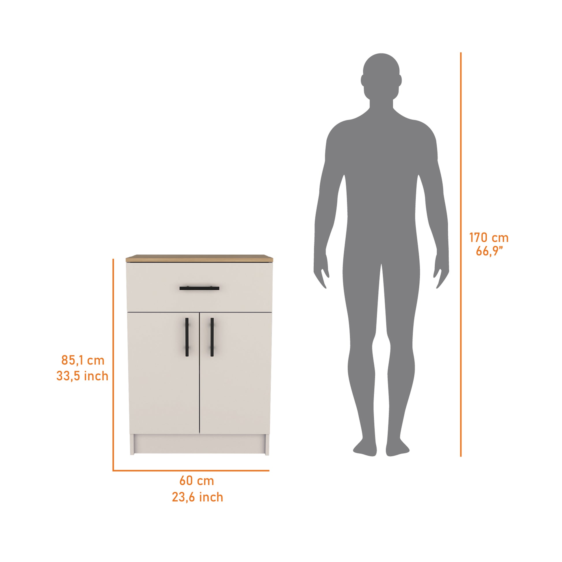 Beige cabinet with two doors and one drawer with black handles natural wood top