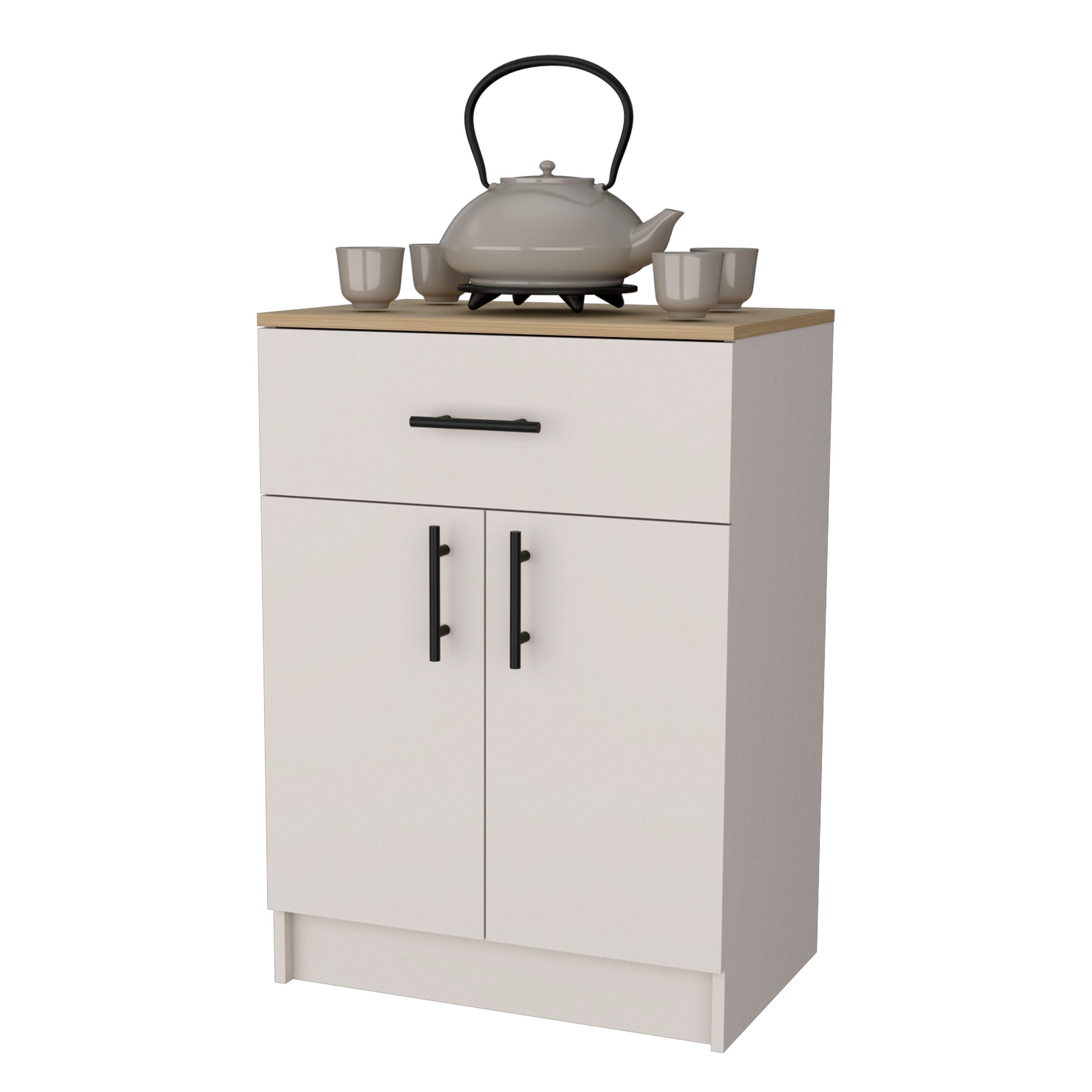 Gray ceramic teapot and cups on a wooden top beside a white cabinet with black handles