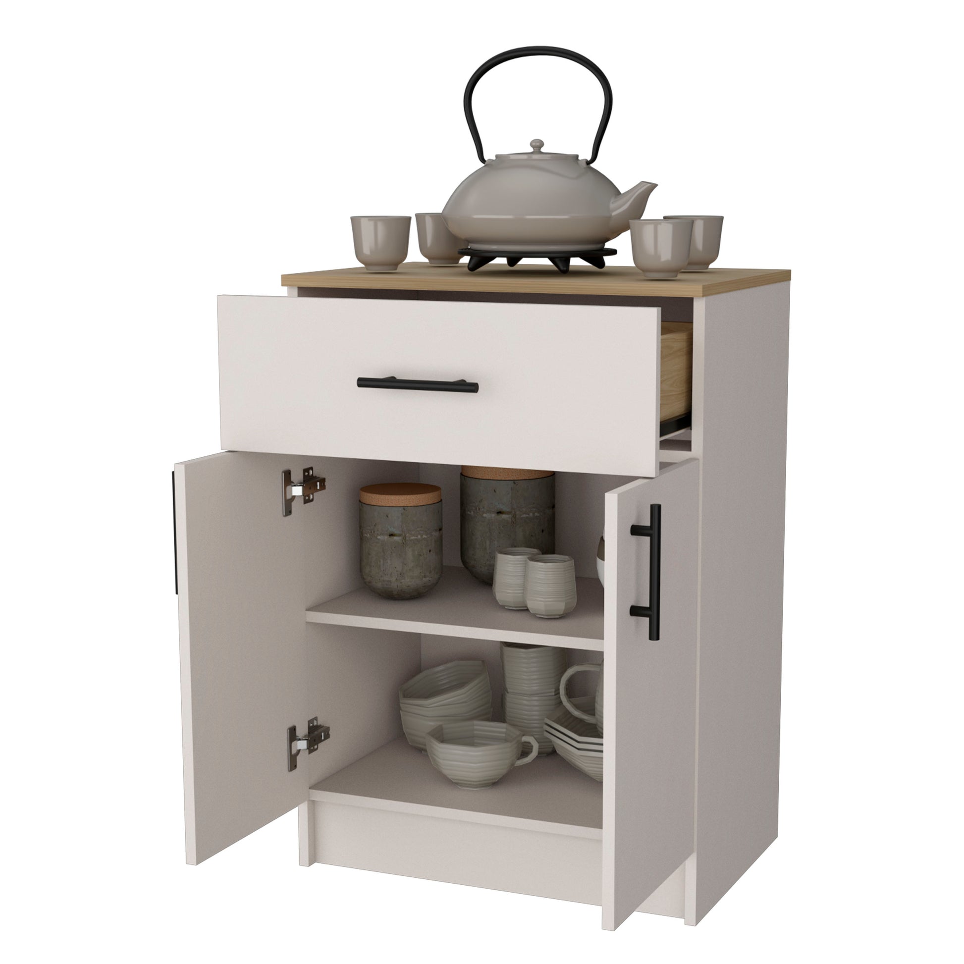 Modern white accent cabinet with black hardware featuring open shelving