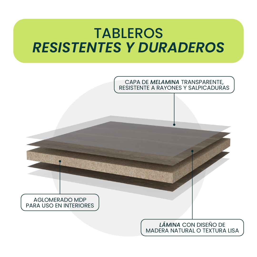 Diagram of wood panel construction showing MDF agglomerate and laminate layers
