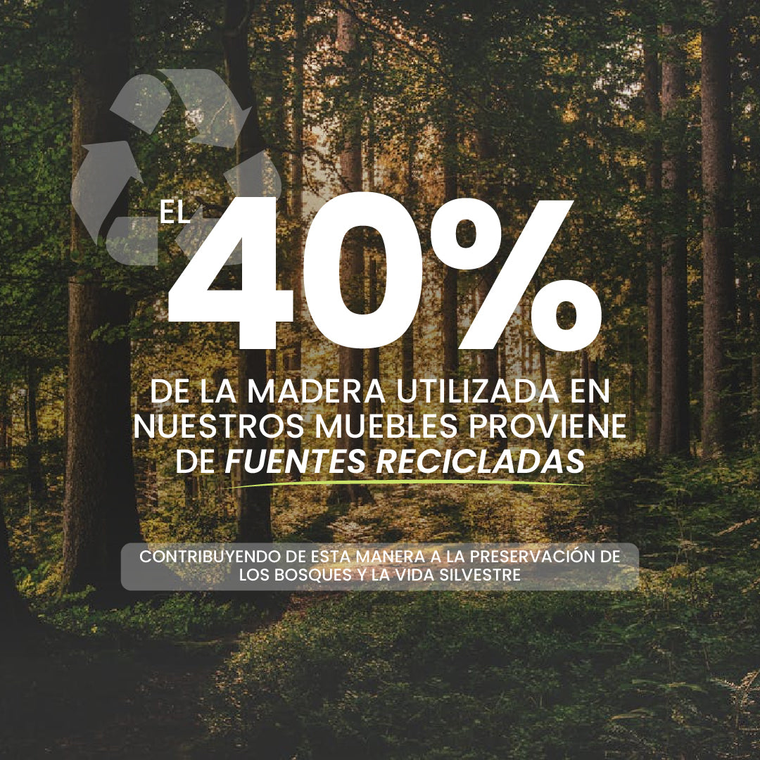 Recycling symbol overlaying text stating  of wood in our furniture comes from recycled sources