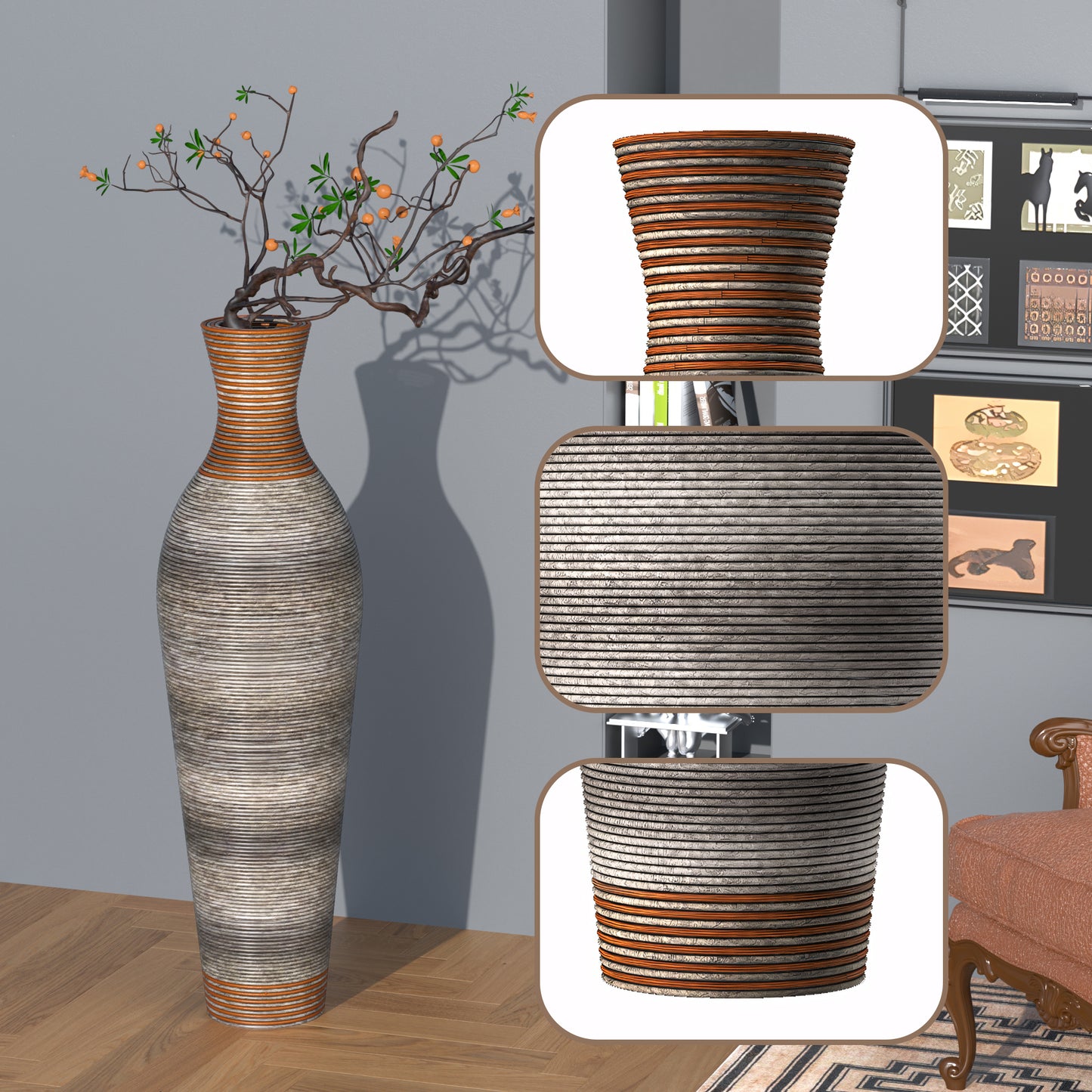 Tall ceramic vase with intricate horizontal ribbing and orange accents