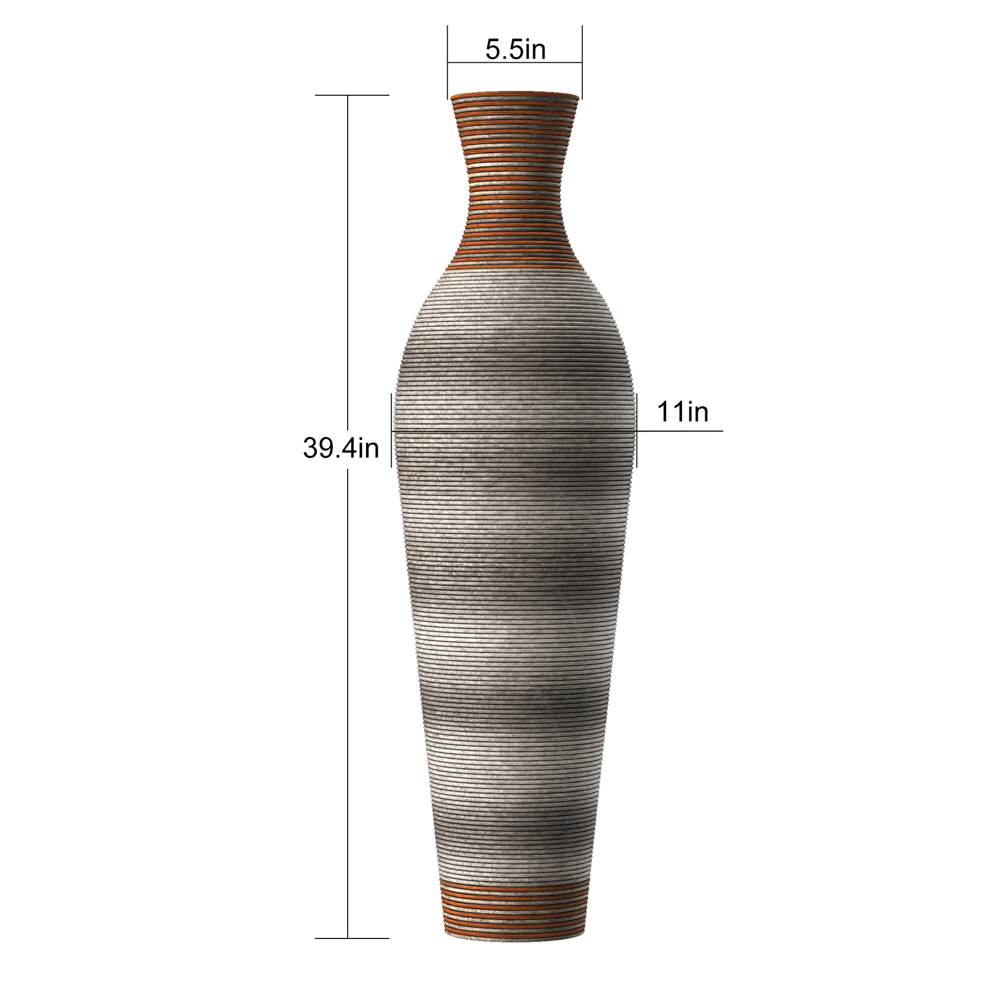 Tall ceramic floor vase with horizontal ribbed texture and copper accents