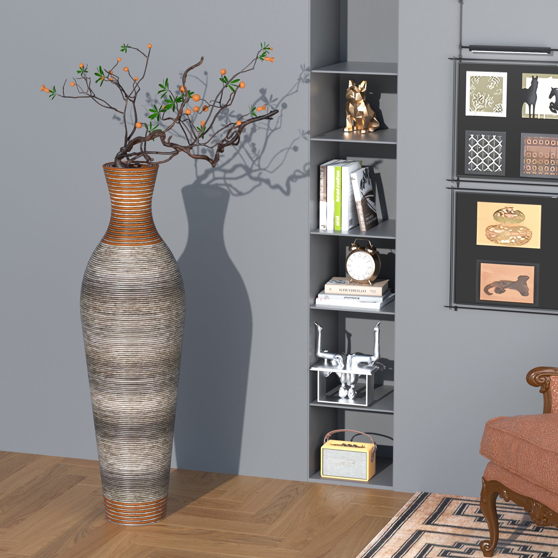 Large striped ceramic vase with branches and orange berries modern home decor