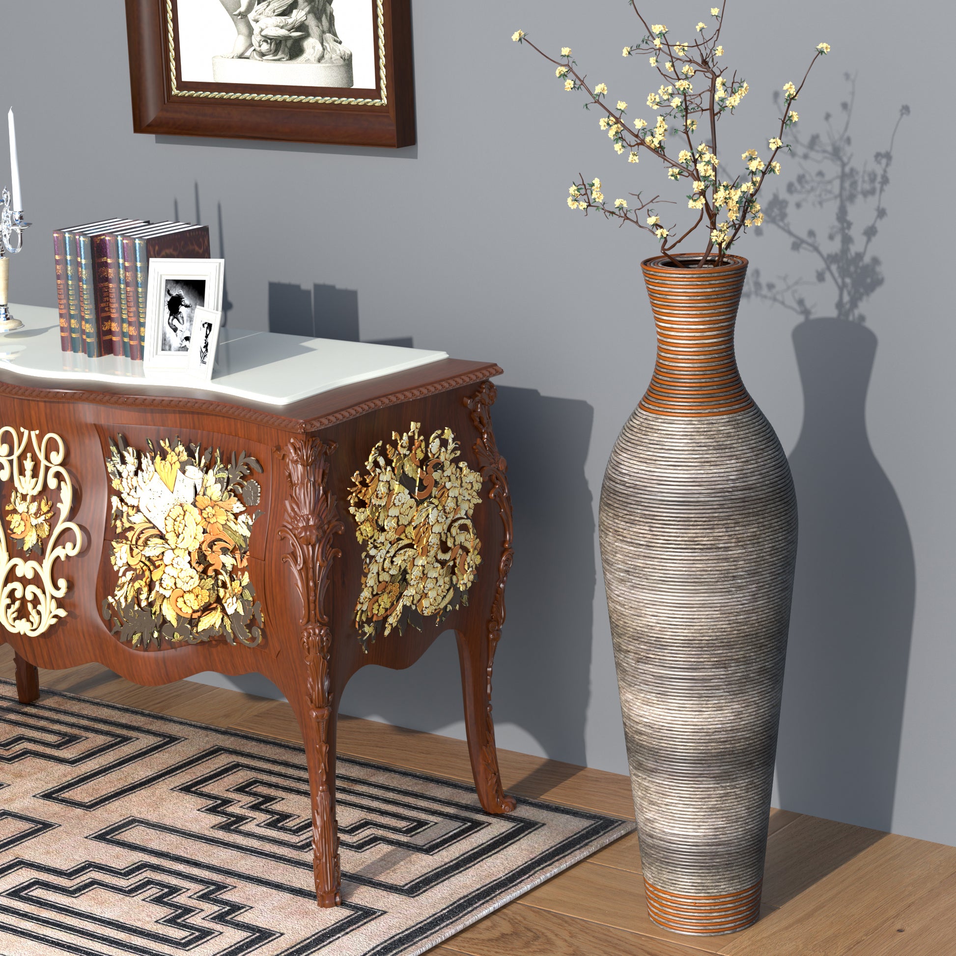 Ornate antique mahogany side table with gilded floral inlay and decorative legs