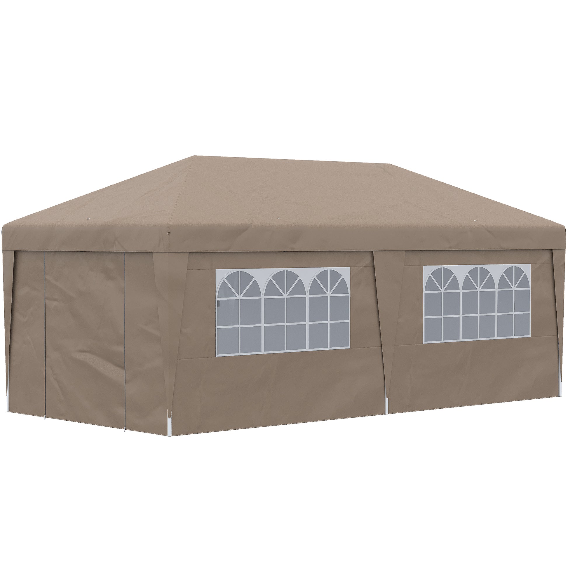 Taupe party tent with arched windows for outdoor events