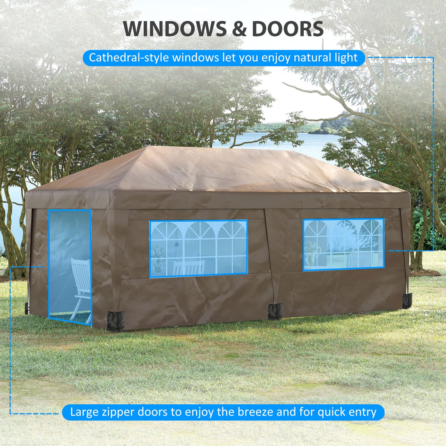 Brown canopy tent with cathedral windows and large zipper doors set up on grass