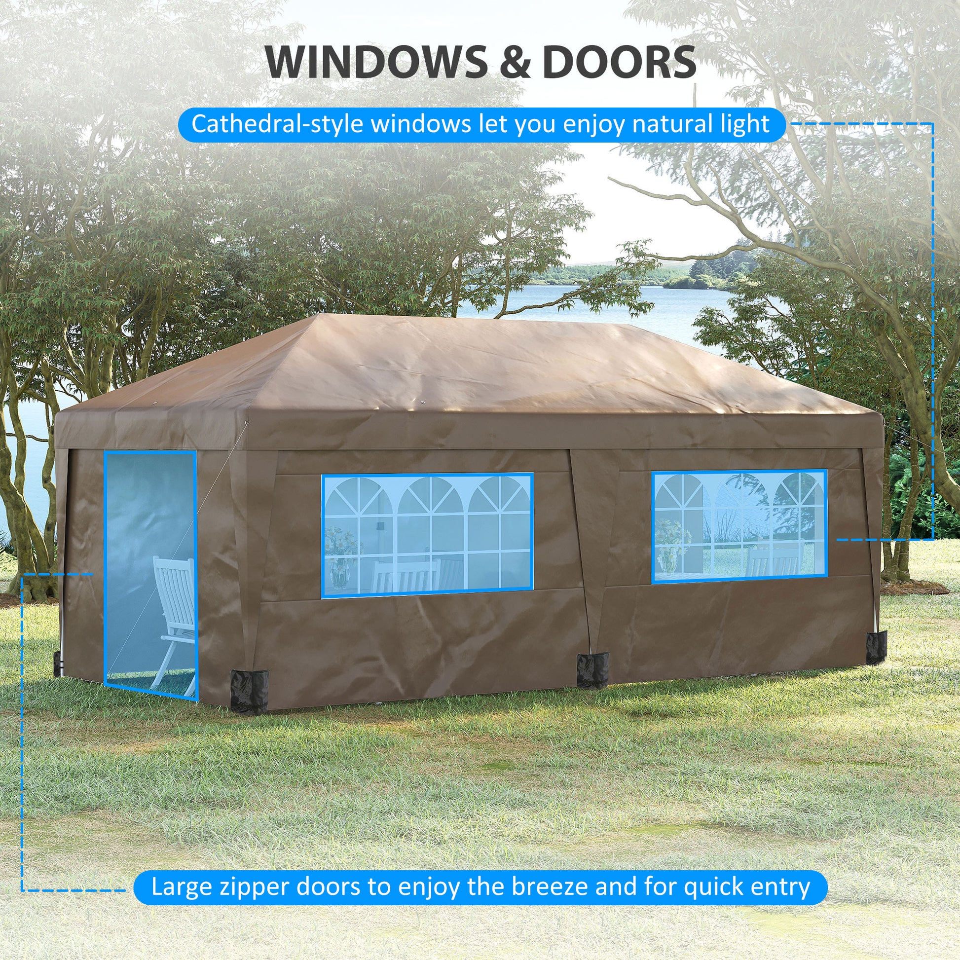 Brown canopy tent with cathedral windows and large zipper doors set up on grass