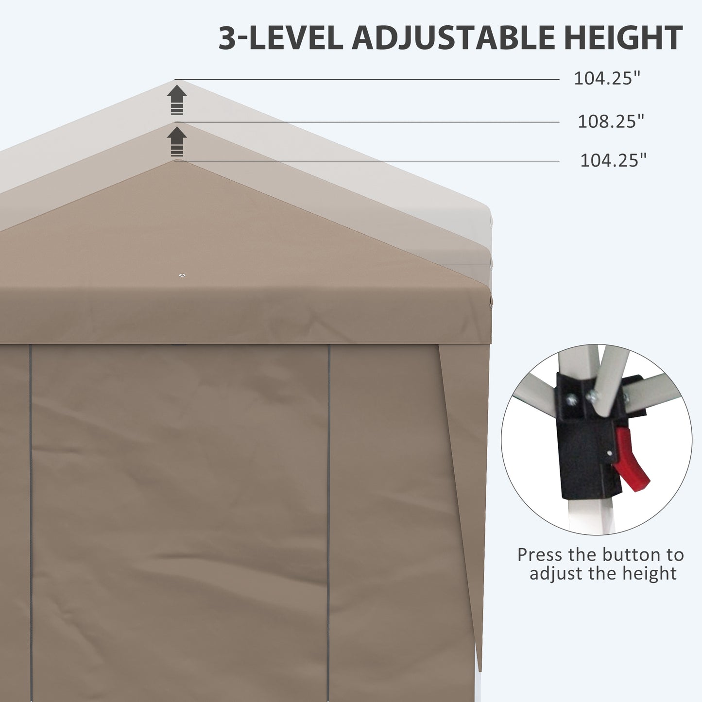 Tan canopy detail illustrating level adjustable height options for a popup tent