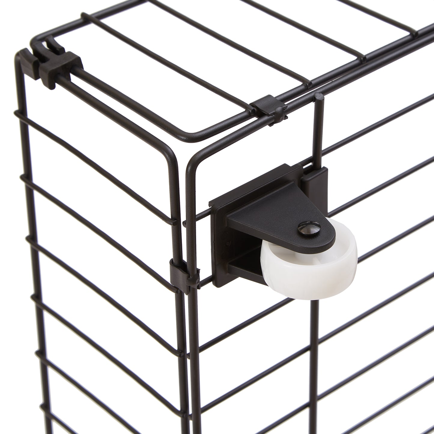 Black metal wire storage cube with a white swivel caster wheel attached
