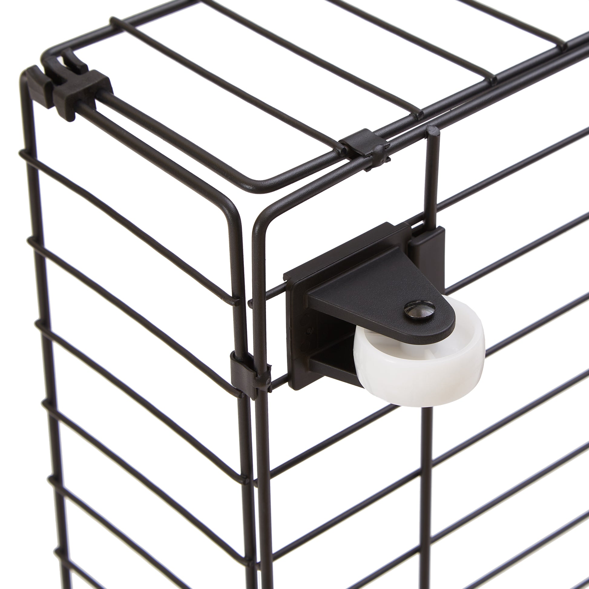 Black metal wire storage cube with a white swivel caster wheel attached