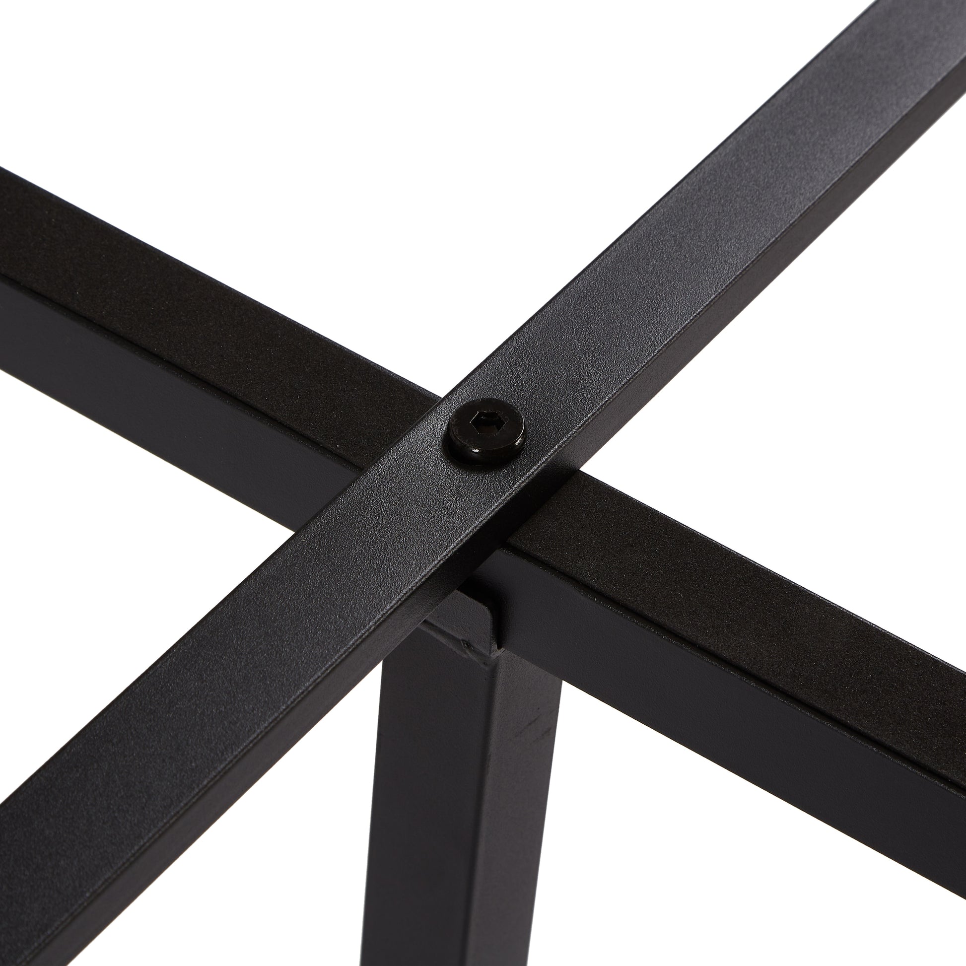 Closeup of black metal frame crossbar with visible screw assembly for sturdy bed foundation