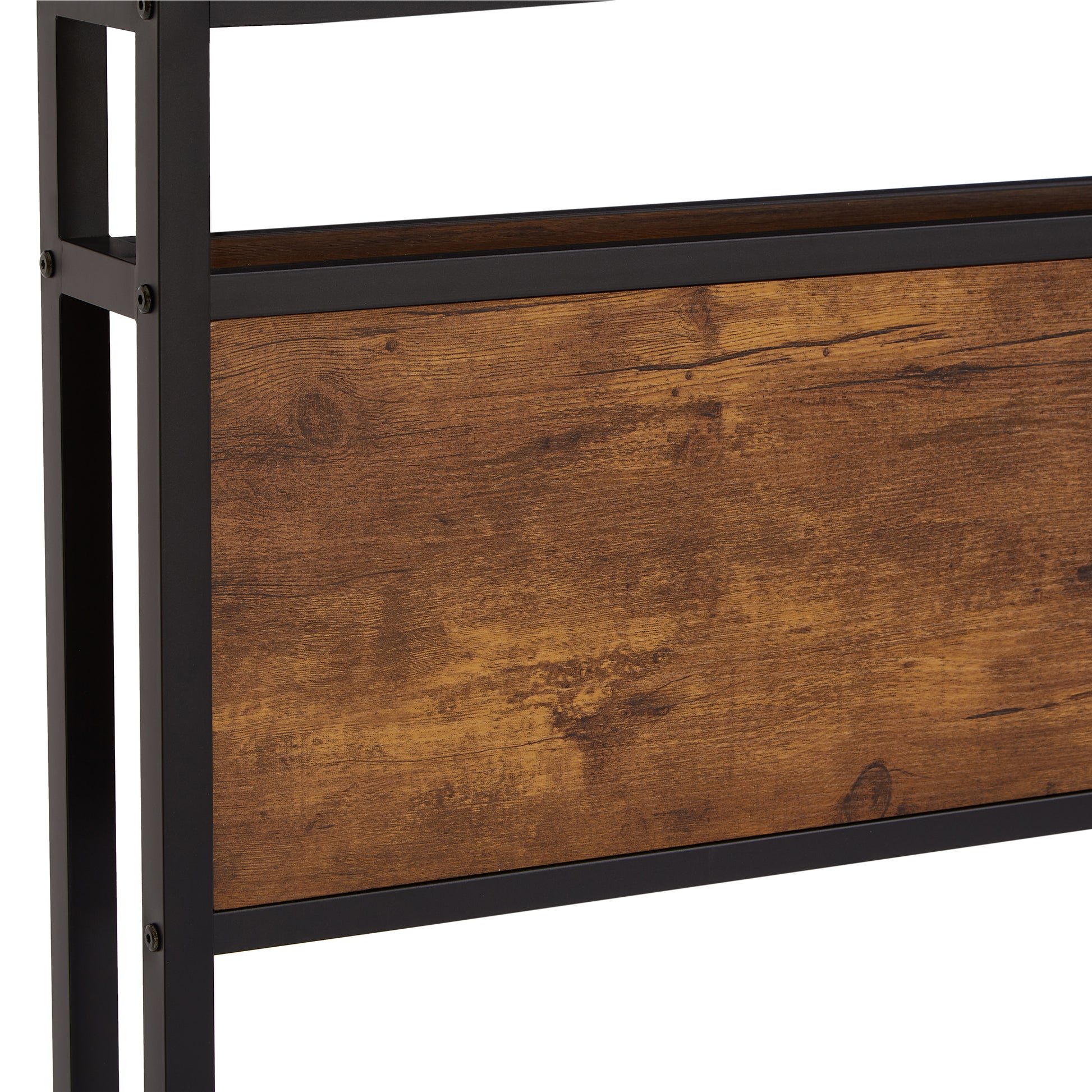 Rustic brown wood panel with black metal frame perfect for a modern industrial bedside table